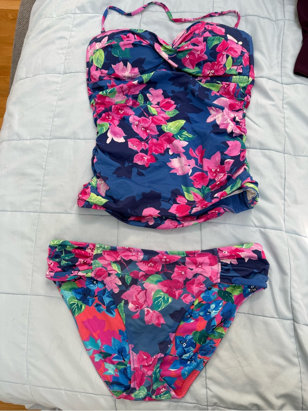 Tommy Bahama Blue Bandeau Tankini with Pink Floral Accents